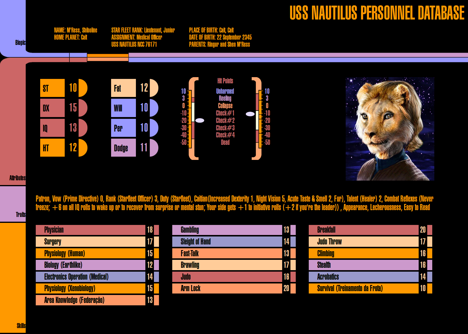 Ficha de personagem criada com o programa.