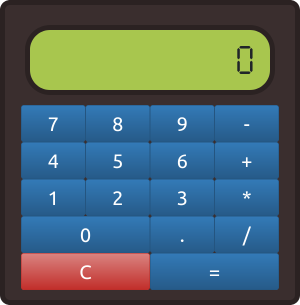 A brown calculator with LCD screen and blue buttons
